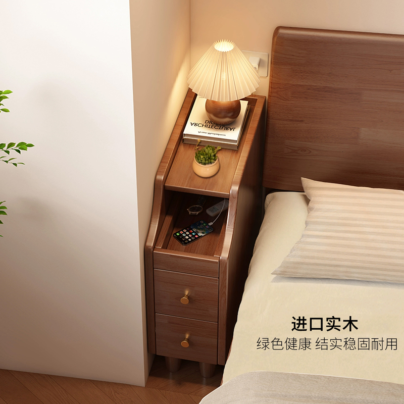 Extremely Narrow Bedside Table, Small and Ultra-Narrow 20cm, Bedside Narrow Gap Storage Cabinet, Solid Wood Bedside Shelf