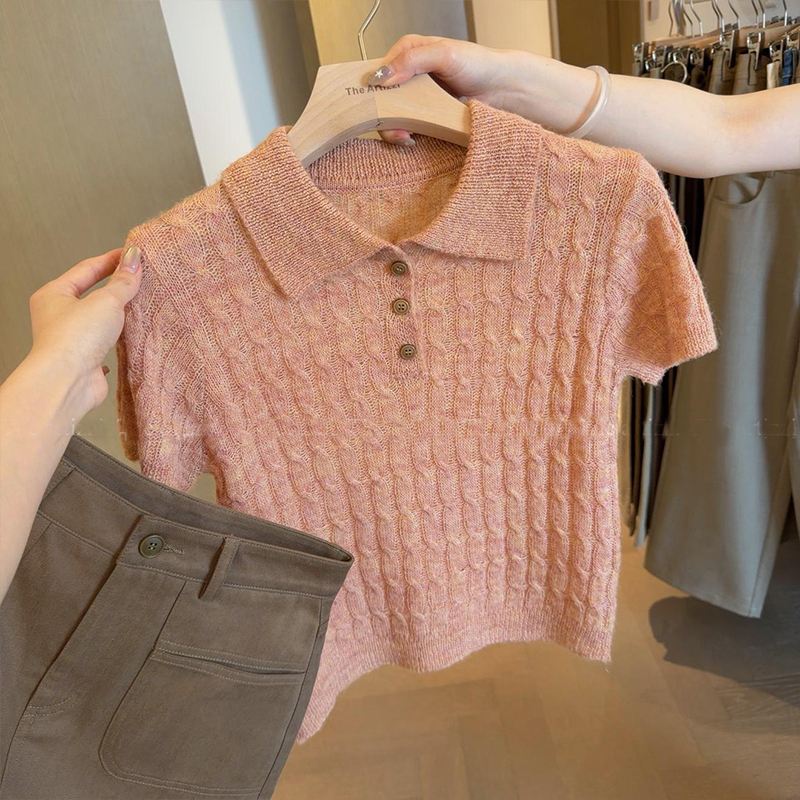 Korean Style Gentle Grapefruit Color Polo Shirt Knitted Short-Sleeved T-Shirt Women's Summer Vest Age-Reducing Lapel Sleeveless Top