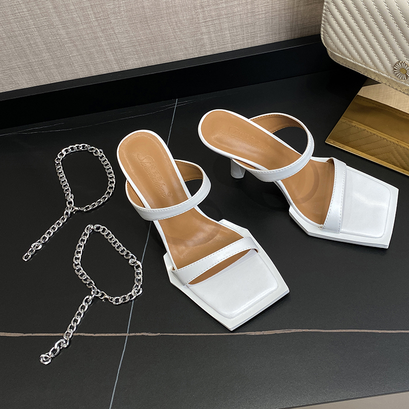 Slip-On Square-Toe High-Heeled Sandals for Women, New Summer Style, Sexy Chain Strap, Niche Genuine Leather Open-Toe Slippers
