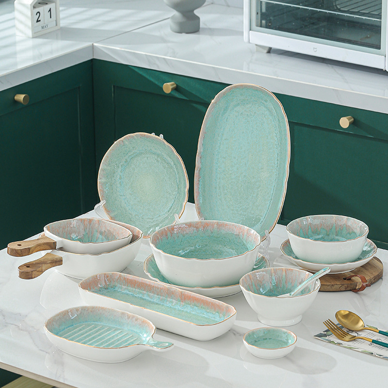 Vegetarian Day Spring and Kiln Change Glazed Ceramic Cutlery Dish Dishes Suit Minimware Cutlery Gifts New Wedding Joe to Bowl Series 