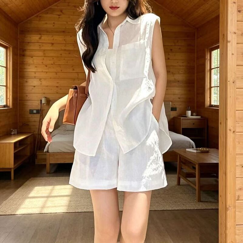 High-End, Light Luxury, and Relaxed Style White Suit for Women, Summer Casual Versatile Shorts, Sleeveless Shirt, Old Money Style Set