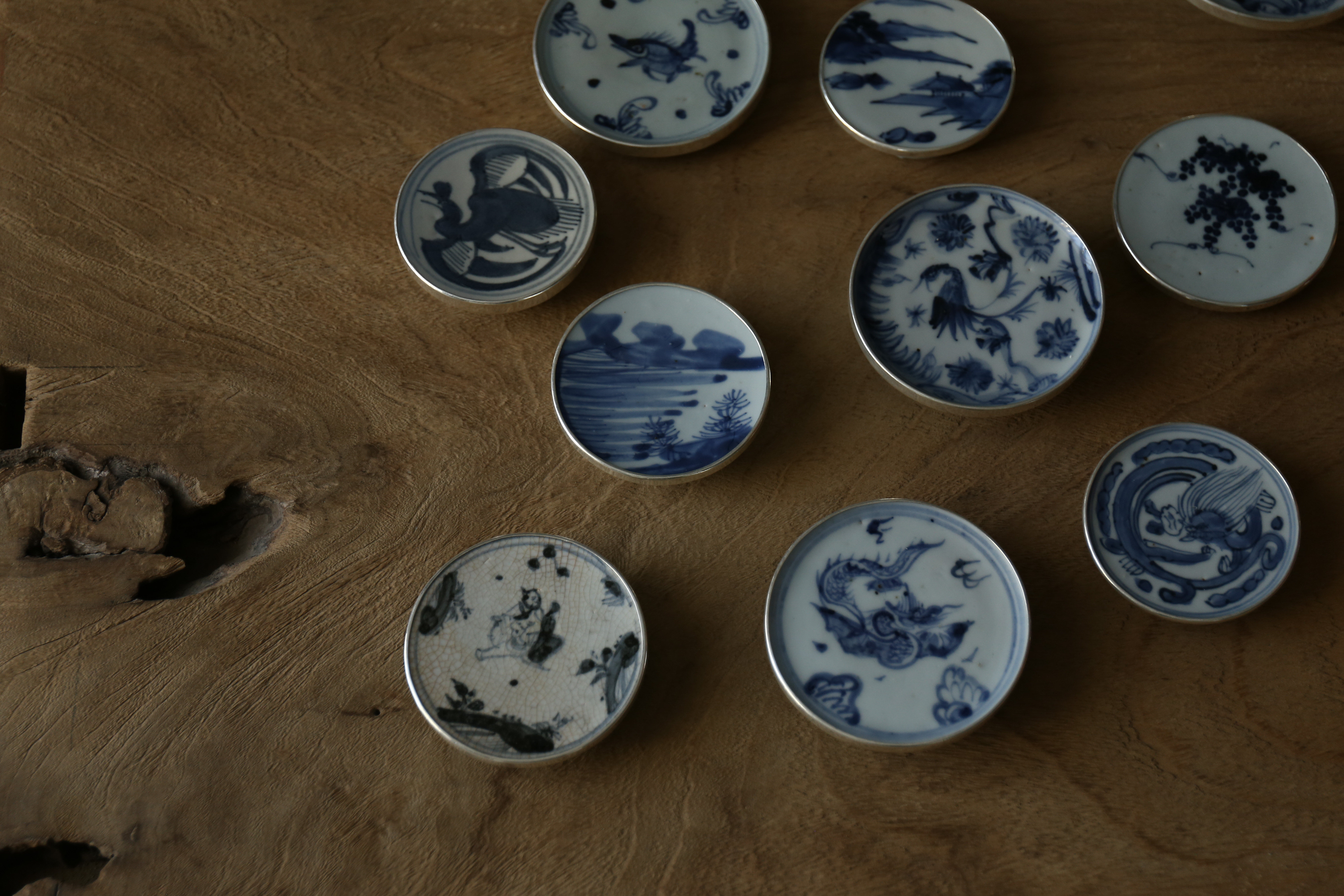 Jingdezhen Song Yingqing Ming and Qing Dynasty blue and white bowl bottom processing bottom tray Tea tray Grinding cover set coaster ornaments package silver