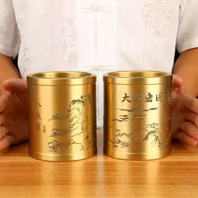 Large copper solid pen holder with solid wood base desk decoration