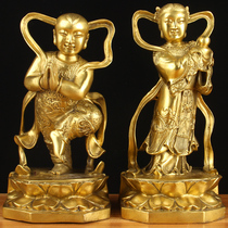 1-foot bronze golden boy Jade female ornaments a pair