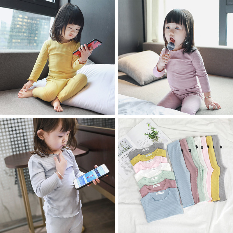2021 children pure color long sleeves underwear suit men and women baby pit strips elastic can open gear and autumn clothes sanitary pants two sets