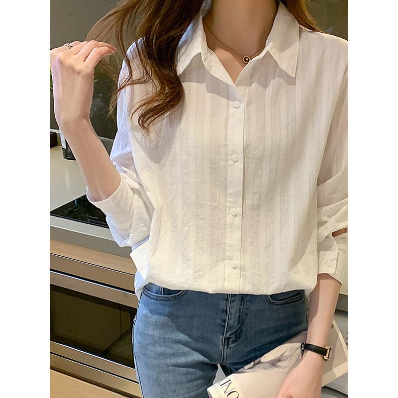 2026 Spring and Autumn New Style Pure Cotton Age-Reducing Loose Top Combed Cotton Long-Sleeve Petite White Shirt Slimming Shirt