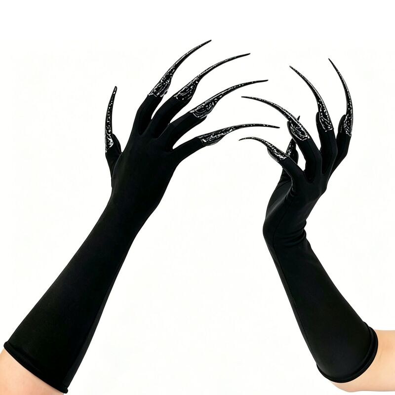 Halloween Gothic Black Nail Cover Long Gloves Set Cosplay Performance Drama Dance Props Halloween Gothic Black Nail Cover Long Gloves Set Cosplay Performance Drama Dance Props