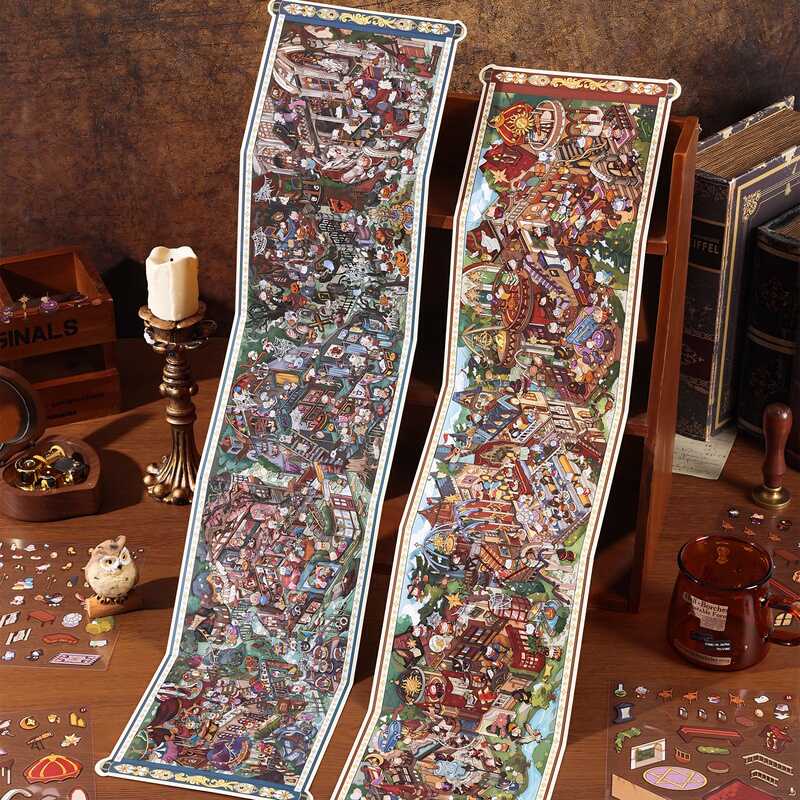 Yujian Chengpin Retro Scenery Stickers, High-Difficulty Scroll Folding Miniature Street Scene Stress-Relief Stickers, Large Size