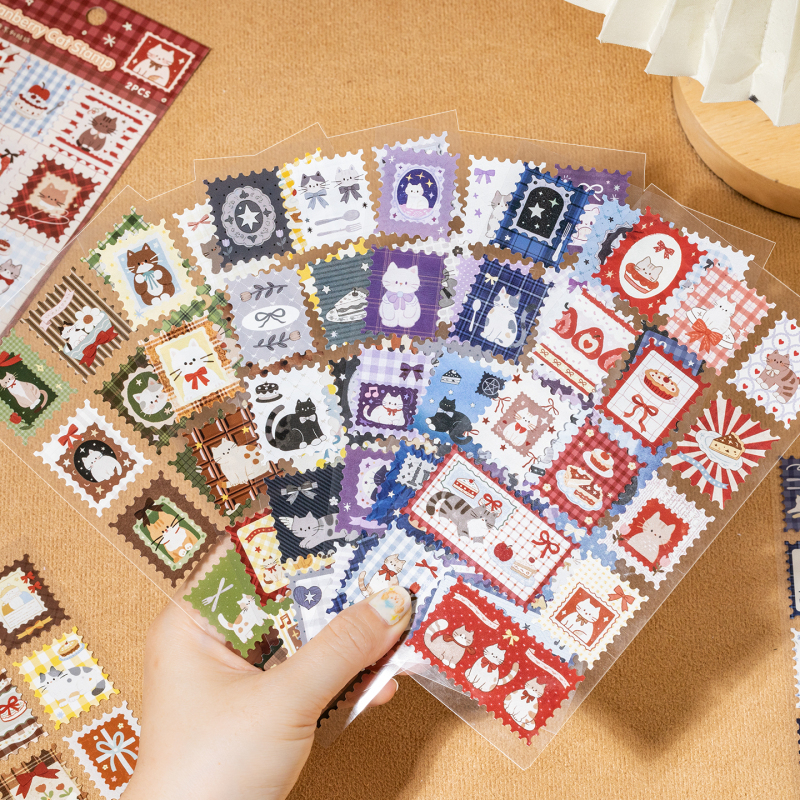 Cute Cartoon Vintage Cat and Kitten Label Stickers in the Shape of Stamps for Journals