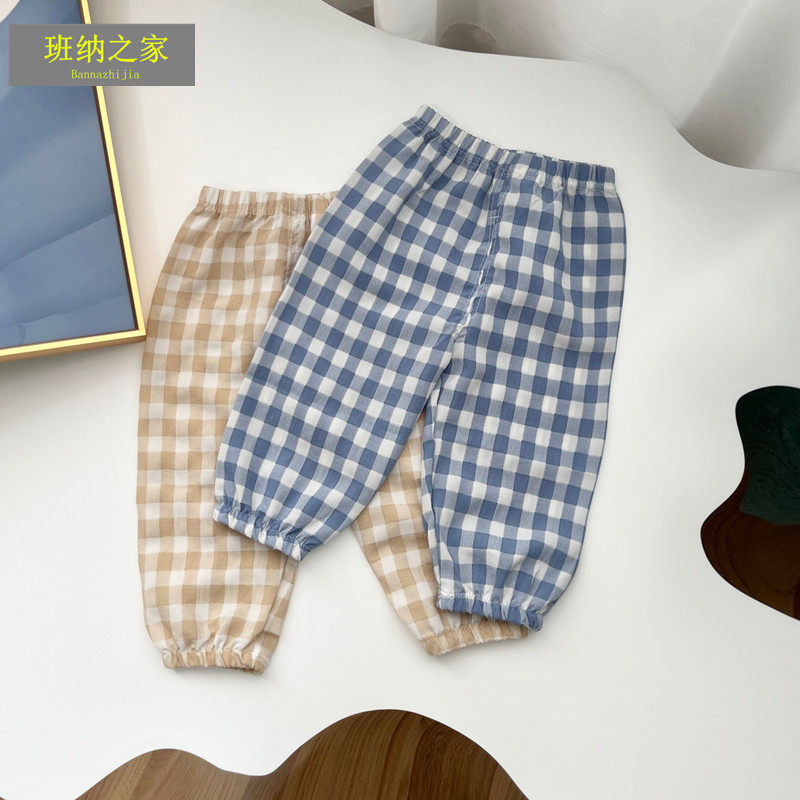 Banna House Women's Baby Tiansilk Cotton Plaid Pants Summer Thin girl's Korean version Anti-mosquito Pants Light Cage Pants Loose
