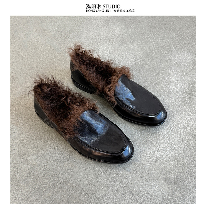 Hongyanglin~ Women's Wool Slip-On Loafers, Winter Black Plush Warm Fur Leather Shoes, Work Shoes Hongyanglin~ Women's Wool Slip-On Loafers, Winter Black Plush Warm Fur Leather Shoes, Work Shoes