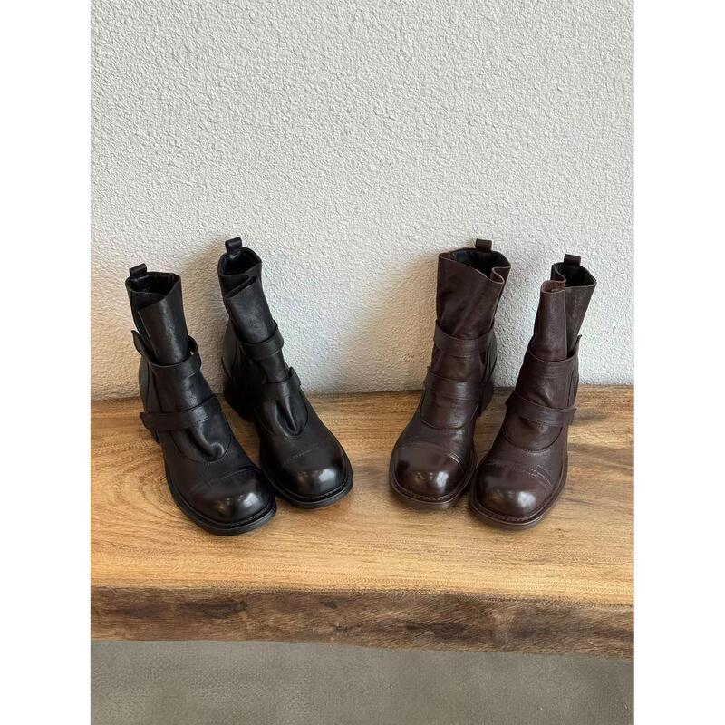 Hongyanglin~ British Style Short Boots for Women 2025 Winter New Style Pleated Chunky Heel Martin Boots High Heel Western Boots Hongyanglin~ British Style Short Boots for Women 2025 Winter New Style Pleated Chunky Heel Martin Boots High Heel Western Boots