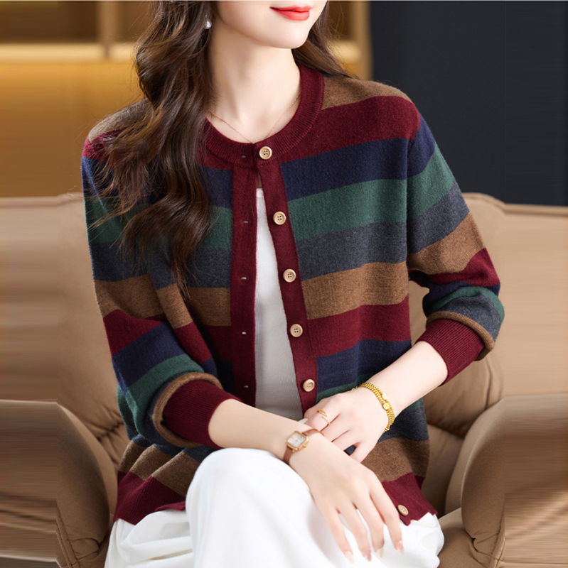 Thick Striped Wool Sweater for Women, Autumn and Winter Round Neck Knitted Cardigan, Loose and Stylish Outerwear for Moms