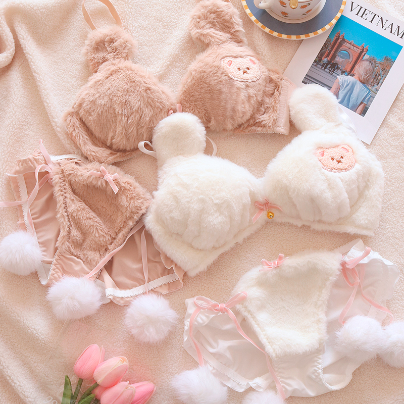 Yusuo Du's Cream Bear Winter Plush Underwear for Women, Cute Bear and Rabbit Warm Furry Wireless Bra Set Yusuo Du's Cream Bear Winter Plush Underwear for Women, Cute Bear and Rabbit Warm Furry Wireless Bra Set