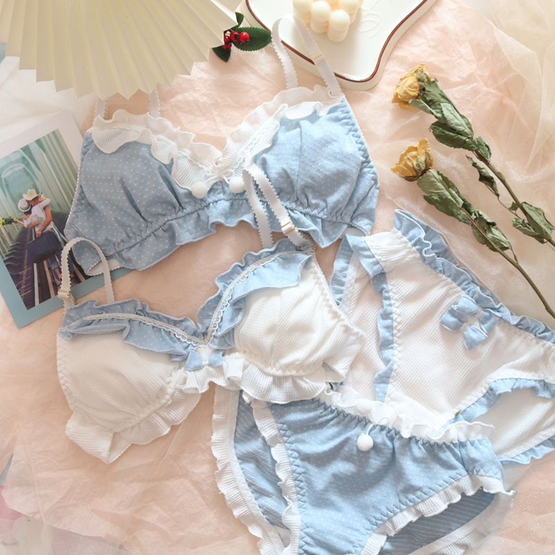 Japanese-Style Girl's Underwear Set, Cute Cotton Ruffled Edge, Pom-Pom Bow, Wireless Sleep Bra