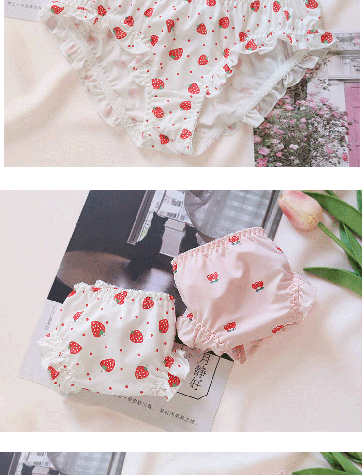 Quần lót dâu nhỏ Cô gái dễ thương Công chúa Nhật Bản In Sữa Silk Eo thấp Ngọt Ruffle Tam giác Tóm tắt - Vòng eo thấp quan lot khe