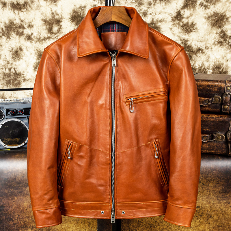 Mulholland Drive Classic Top-Grain Horsehide Leather Jacket Men's Short Slim-Fit Leather Jacket Casual Oversized Coat Trendy