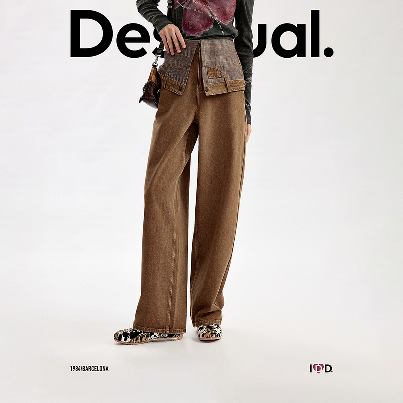 Desigual26 New Autumn and Winter Products Loose Plaid Patchwork Fake Two-Piece Scimitar Women's Jeans