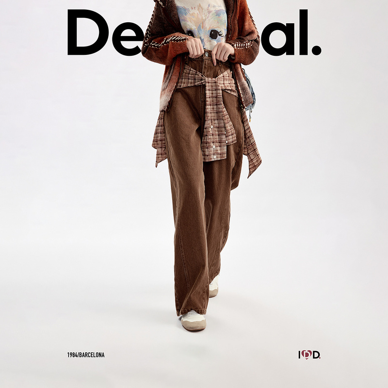 Desigual26 New Autumn and Winter Products, Maillard Color Plaid Print Detachable Apron Fake Two-Piece Women's Jeans