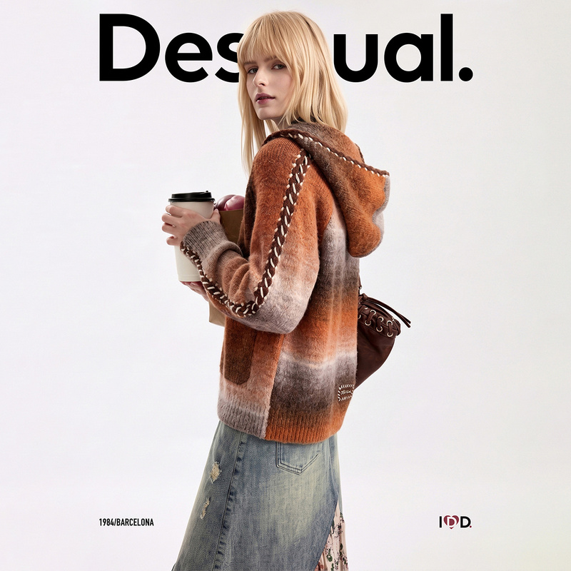 Desigual26 New Autumn and Winter Products Loose Gradient Dyed Yarn Hooded Long-Sleeved Knitted Cardigan Women's Jacket Desigual26 New Autumn and Winter Products Loose Gradient Dyed Yarn Hooded Long-Sleeved Knitted Cardigan Women's Jacket
