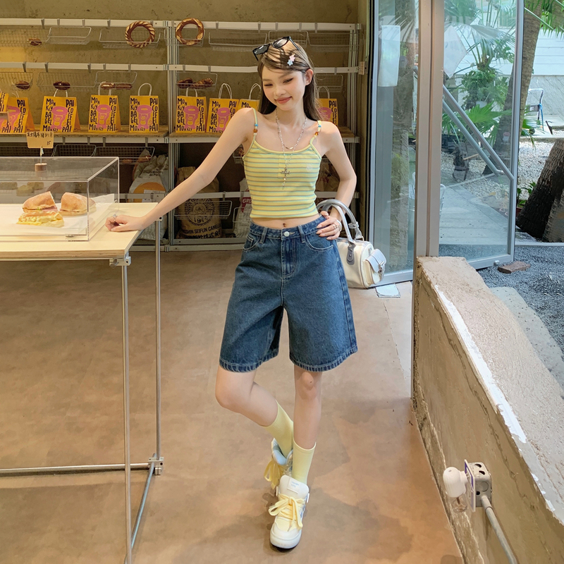 Women's Five-Point Jeans, New Loose Straight-Leg Thin High-Waisted Retro A-Line Wide-Leg Mid-Length Pants for Petite Women, Spring and Summer