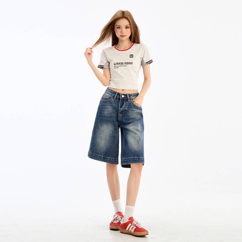 Retro Five-Point Jeans for Women, New Summer Style Slimming Loose Shorts, High-Waisted Straight-Leg Wide-Leg Mid-Length Pants