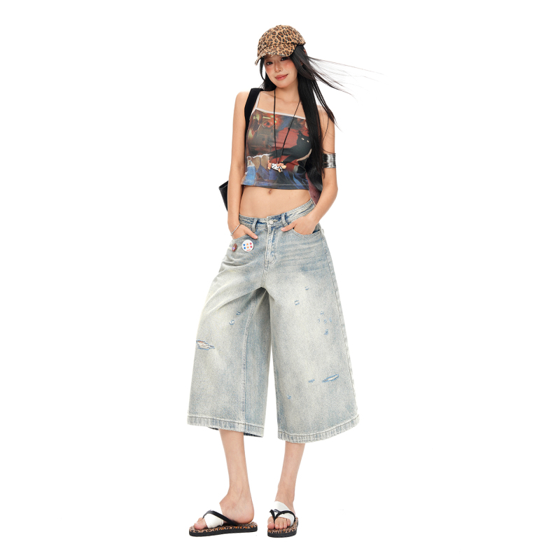 High-Waisted Wide-Leg Cropped Denim Shorts for Women, Spring and Summer American Street Style, Ripped, Loose, Straight-Leg, Drapey, Vintage Shorts