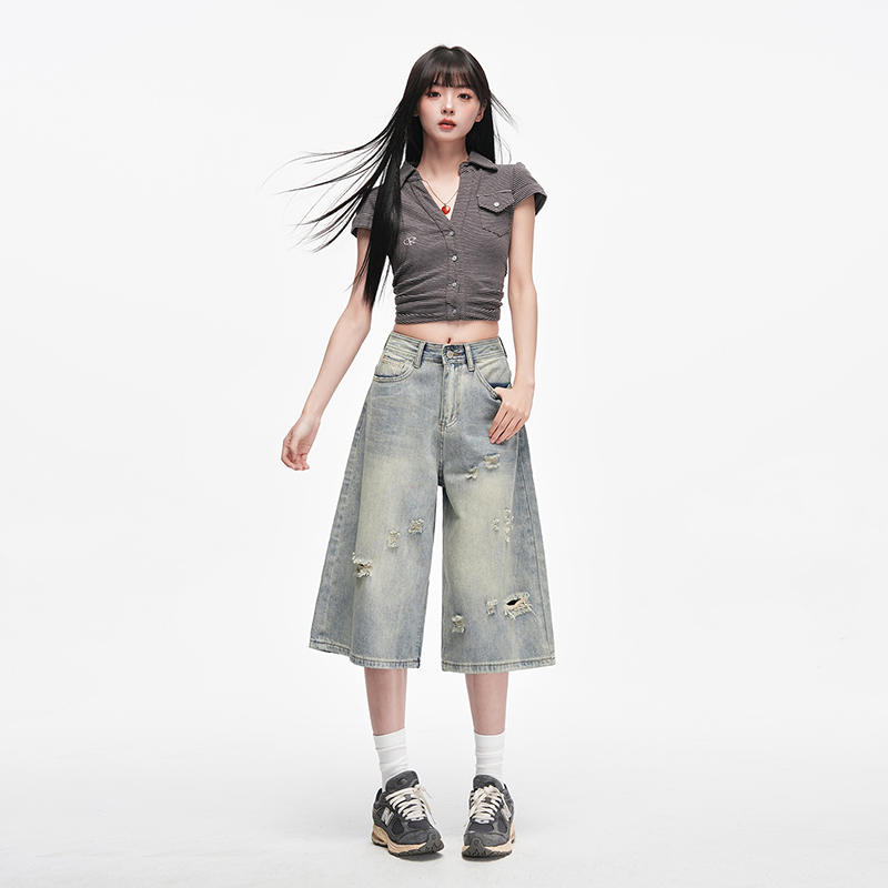 Wide-Leg Cropped Jeans for Women, Spring and Summer Vintage Style, Petite, Drapey, Ripped, High-Waisted, Slimming, Loose Straight-Leg Mid-Length Pants