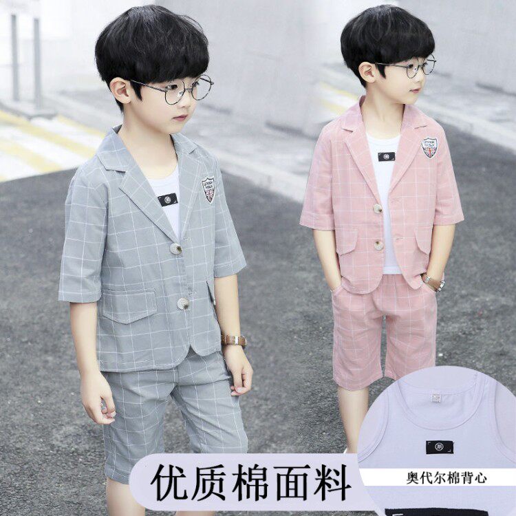 Boys' suit suit three-piece Korean summer suit 2021 summer foreign style handsome summer big boy plaid suit