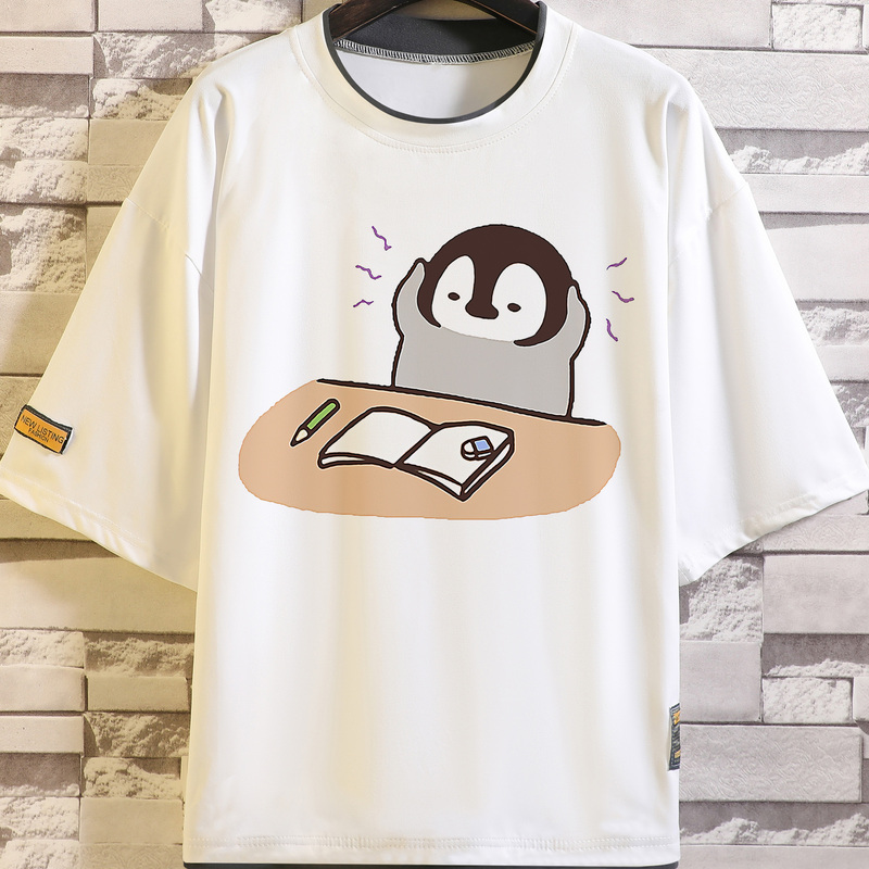 Short-Sleeved T-Shirt with Gray Penguin Cute Expression Pack, Japanese-Style Anime Clothing for Men and Women, Couple Outfits