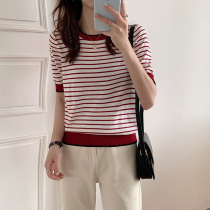 2021 Red Striped Short Sleeve Knitted T-shirt Women Round Neck New Summer Ice Silk Thin Mid-Sleeve Casual Pullover Top