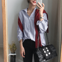 2020 autumn and winter Korean version of the new loose sky blue striped shirt woman long sleeve turtlenecks Academy windy cardiovert blouse