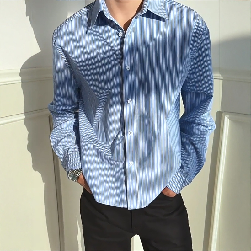 Autumn High-Intelligence Casual Long-Sleeved Shirt, Relaxed Style, Lazy Retro Casual Blue and White Striped Shirt, Same Style for Men and Women