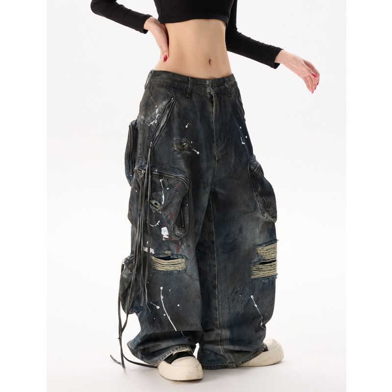 Paris-Style Heavy-Duty Graffiti Multi-Pocket Workwear Jeans for Men and Women, American-Style Loose Fit, Distressed Dirty Wide-Leg Pants Paris-Style Heavy-Duty Graffiti Multi-Pocket Workwear Jeans for Men and Women, American-Style Loose Fit, Distressed Dirty Wide-Leg Pants