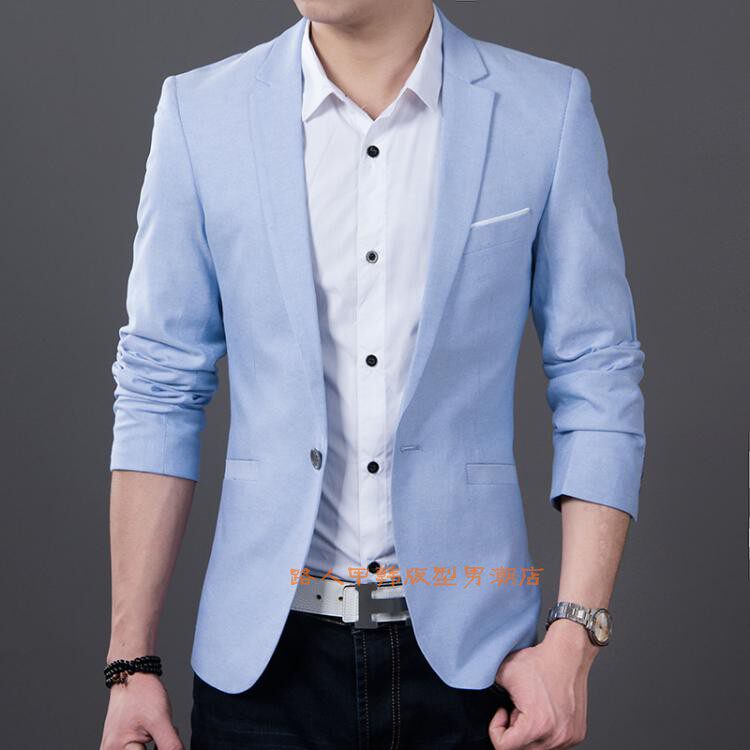 Summer slim fit Single Western new men's casual little western suit One grain button big code blouse jacket pure color Thy suit-Taobao