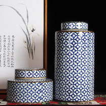 New Chinese style Classical blue and white underglaze color copper money ceramic pot practical decoration set Modern Bogu frame living room with cover