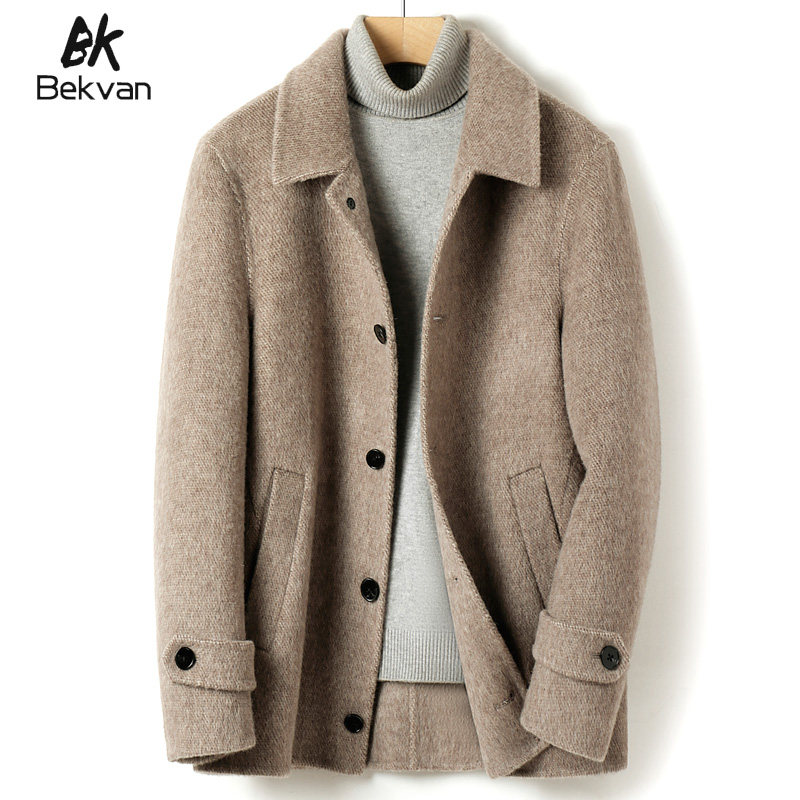 Men's Coat Handmade Double-faced Woolen Solid Color Casual Medium-length Woolen Coat Jacket