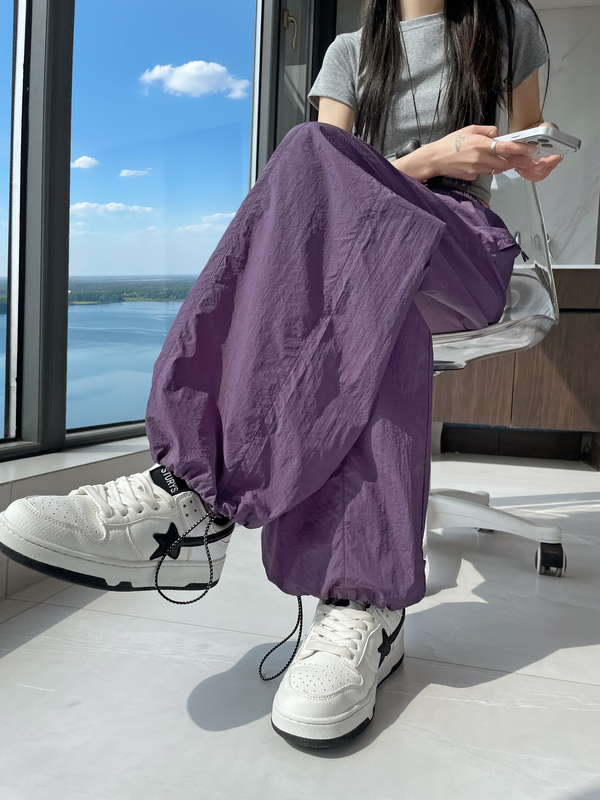 American-Style Purple Dopamine Sweatpants for Women 2026 Spring/Summer New High-Waisted Drawstring Hiking Pants Paratrooper Pants