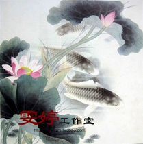 Gongbi line drawing background -- Carp figure lotus white drawing All kinds of Gongbi painting background