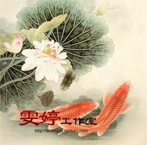 Gongbi painting flowers and birds white drawing background-Lotus lotus pond carp Lotus Gongbi painting background Chinese painting calligraphy and painting