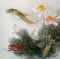 Gongbi painting white sketch manuscript-Lotus pond carp picture white sketch Flower and bird painting Chinese painting professional Gongbi painting background