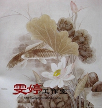 Gongbi painting flowers and birds white drawing background-Lotus lotus pond carp Lotus Gongbi painting background Chinese painting calligraphy and painting