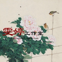 Gongbi painting white drawing background-Peony bird Chinese painting Calligraphy painting Flower and bird painting Living room painting Character painting Industrial painting*
