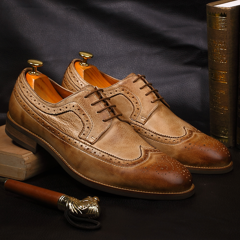 Original Inlan retro handmade men's shoes genuine leather Bloc carved leather shoes Korean version pointed as old lace casual shoes