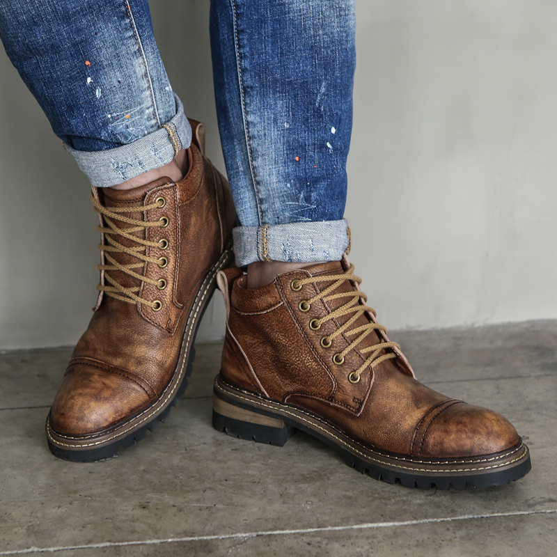 Original new products handmade by old retro genuine leather outdoor tooling boots Goodyear trends Martin boots European and American short boots