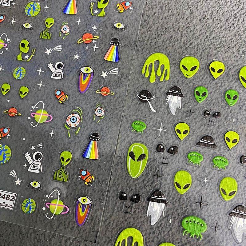 Quirky Spaceship Alien Et Embossed Nail Art Stickers Harajuku Celestial Beings Astronaut Creative Journaling Materials
