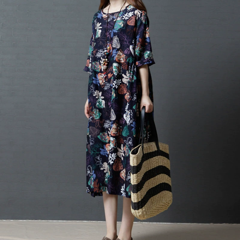 Váy xuân hè 2019 mới size lớn dành cho nữ thời trang rộng rãi cotton và vải lanh dài tay giữa váy hoa năm điểm - váy đầm