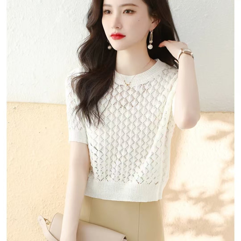 2026 Summer New Round Neck Short-Sleeved Knit Top for Women, Commuter Style with Hollow Design, Niche Top T-Shirt for Women 2026 Summer New Round Neck Short-Sleeved Knit Top for Women, Commuter Style with Hollow Design, Niche Top T-Shirt for Women
