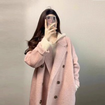 Pink Double Face Suede Cashmere Big Coat Woman Autumn Winter 2023 New Korean Ensemble High Sense Little Sub Wool Coat