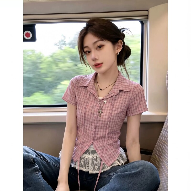 Korean-Style Pure Desire Pink and Purple Fine Plaid Shirt with Regular Shoulders, Short Sleeves, Tie-Waist, Lace, Slim-Fit Short Top for Petite Figures Korean-Style Pure Desire Pink and Purple Fine Plaid Shirt with Regular Shoulders, Short Sleeves, Tie-Waist, Lace, Slim-Fit Short Top for Petite Figures